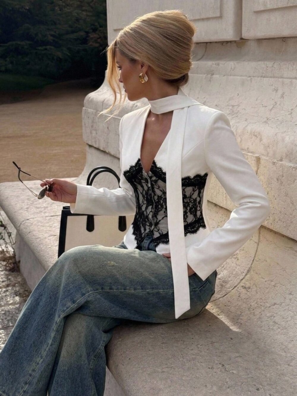 White Elegant Women's Commute Color Block Lace Design Blazer Jacket